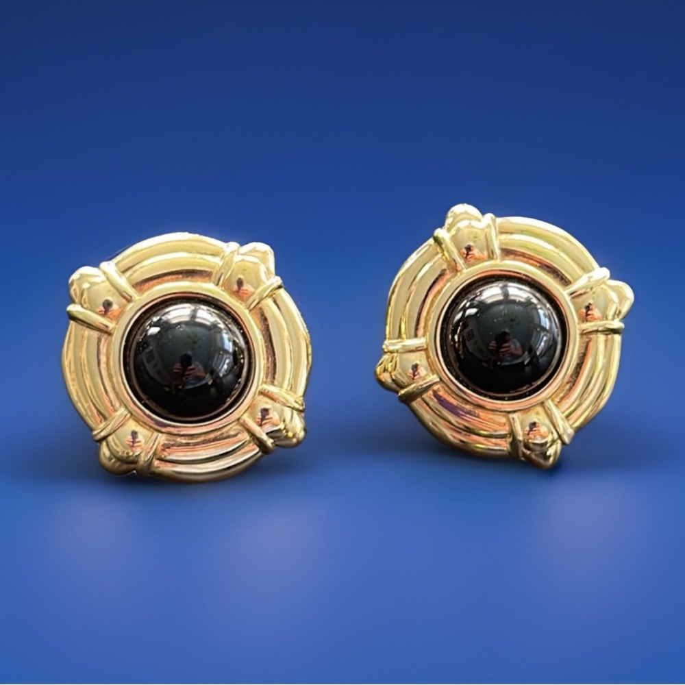 80’s Monet Earrings Vintage Black Cabochon Shiny Gold Clip-On Statement Earrings
